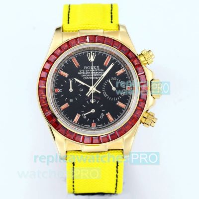 Japan-Made Clone Rolex Daytona Chronograph Ruby Bezel Watch With Yellow Strap 